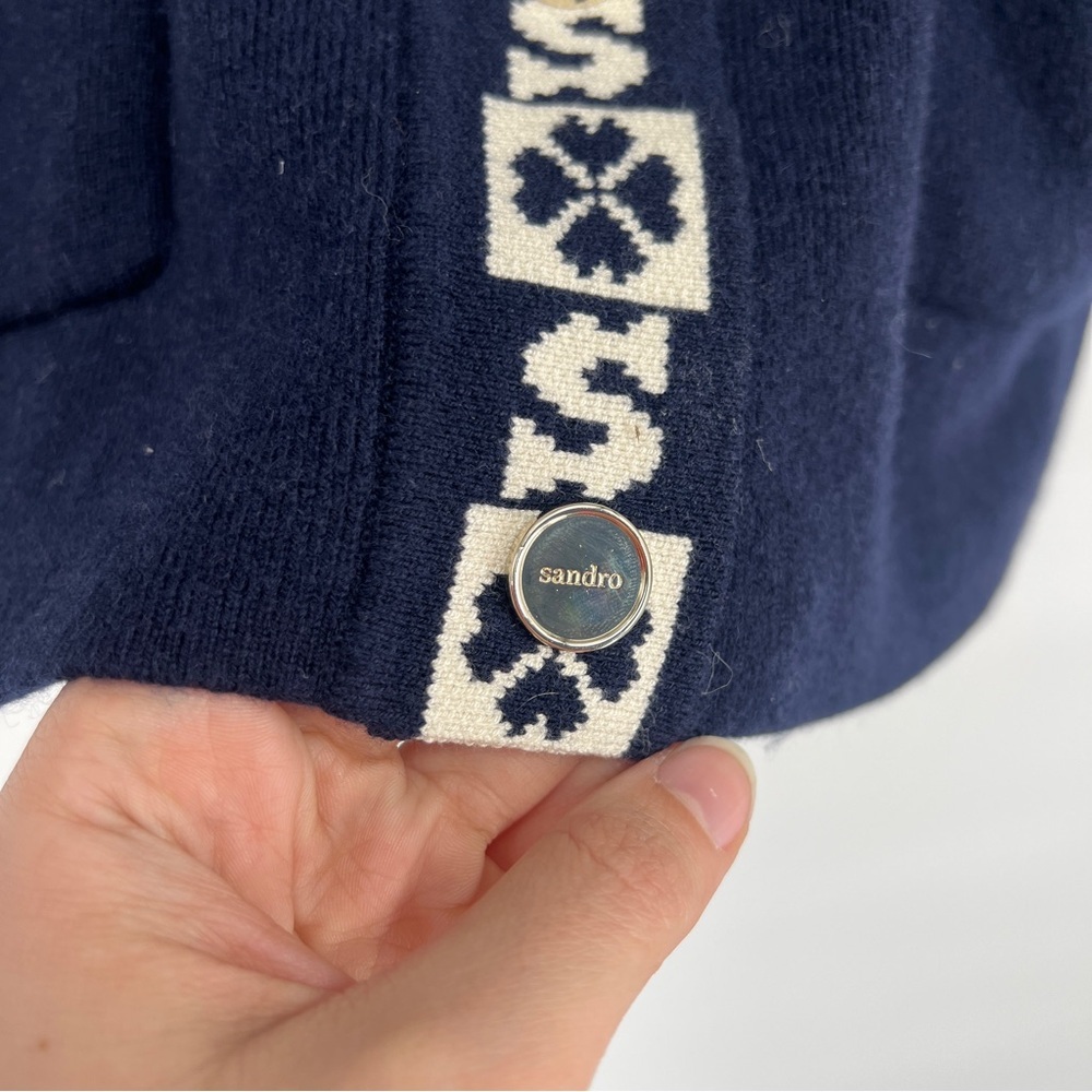 Sandro Logo Trim Designer Wool Blend Navy Blue Classic V Neck Cardigan Sweater 0 - Picture 4 of 10